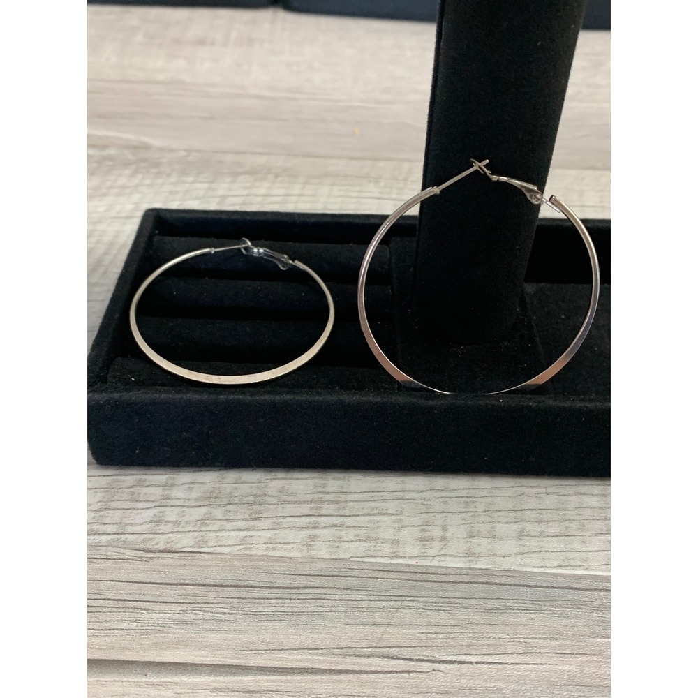 Silver Tone Large Flat Edge Hoop‎ Earrings Latch Back Polished Finish 2 Inch